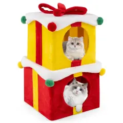 2 Gift Box Shaped Cute Christmas Cat House with 2 Spacious Condos Ideal for Indoor Cat