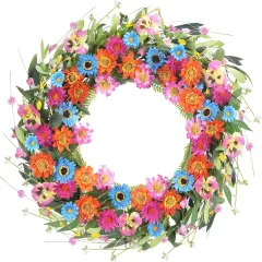 21" Daisy Summer Floral Wreath, Summer Wreaths for Front Door Artificial Daisy Flowers Colorful for Indoor & Outdoor Porch Wall Window