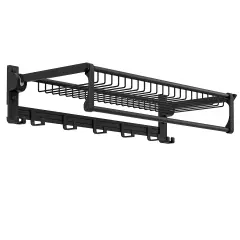 Foldable Space Aluminum Wall Towel Rack with Hooks & Shelf &ndash; Black