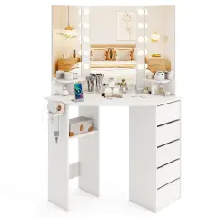 5 Drawers Corner Vanity Desk with LED Mirror and Charging Station Storage Shelves for Bedroom White