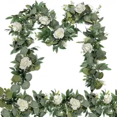 2 Pack 13Ft Artificial Eucalyptus Flower Garland with White Roses, Fake Rose Flower Greenery Garland Floral Vines for Wedding Home Party Table Runner Decor (White)