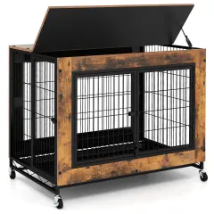 Rustic Brown Flip-up Top Dog Kennel with Removable Tray and 3 Lockable Doors