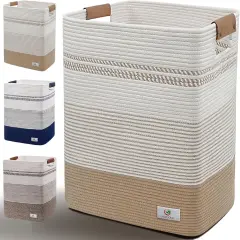 Laundry Hamper - 85L Large Laundry Basket with Leather Handles, Decorative Storage Basket for Blankets - Cotton Rope Woven Baskets for Storage, Clothes Hamper for Living Room, Jute & White