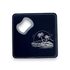 Coaster W/ BOTTLE OPENER - Hawaii Beach - SET OF 2 LEATHER Black/Silver