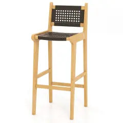 30 Inch Rattan Teak Wood Bar Stool with Backrest and Footrest Suitable for Indoor or Outdoor Use
