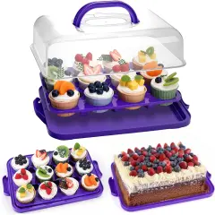 Cupcake and Cake Container with Lid, 12 Capacity Cup Cake Portable Carrier Dessert Holder with Handle for Family Picnics and Party Events, 2-in-1 Design, Purple