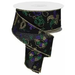 1.5" Mardi Gras Pattern Ribbon: Black (10 Yards)