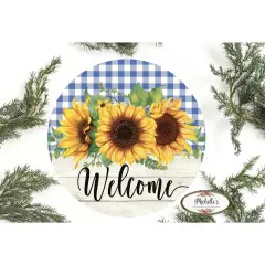 Sunflower Welcome Blue Plaid Round Sign
