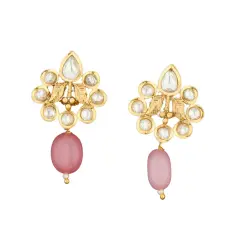 Indian Kundan Small Earrings for Women - Indian Traditional Small Jhumka Chandbali Kundan Stud Earrings in Gold & White Tone Bollywood Style Small Dangle Earrings for Women Bridal Jewellery Pink