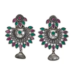 Indian Oxidized Jhumka Earrings for Women - Indian Oxidized Bell Tassel Jhumki Ethnic Floral Chandbali Earrings Faux Pearls Bollywood Style Dangle Earring Jewelry for Bride Gift for Her Ruby Green