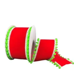 2.5" Red Velvet Pom Ribbon: Lime Green (10 Yards)
