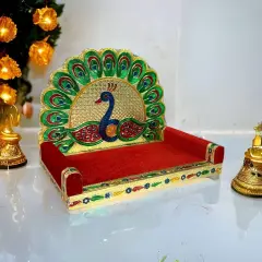 Wooden Laddu Gopal Sinhasan for Pooja Mandir Peacock Design Kanha Ji Singhasan Krishna Singhasan Aasan for All God Janamashtami Favor Meenakari Singhasan Housewarming Gift