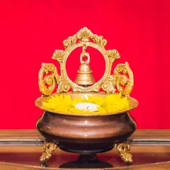 Brass Urli Bowl with Bell 7 Inch Indian Ethnic Urli Bowls for Floating Flowers Tea Light Candles Home Office Table Pooja Room Decor Diwali Decoration Showpiece Housewarming Gift