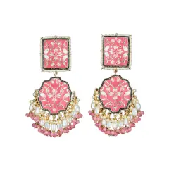 Oversized Indian Jhumka Earrings &ndash; Square Stud Jhumki, Ethnic Chandbali with Floral Print & Faux Pearls &ndash; Bollywood Dangle Jewelry for Women, Bride & Birthday Gift PINK