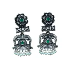 Indian Oxidized Jhumka Earrings for Women - Indian Oxidized Trishul Jhumki Ethnic Shiva Trident Chandbali Earrings Faux Pearls Bollywood Style Floral Dangle Earring Jewelry for Bride GREEN
