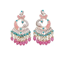 Oversized / Big Indian Jhumka Earrings for Women - Indian Peacock Earrings Ethnic Chandbali Jhumki Kundan & Faux Pearl Beaded Bollywood Style Dangle Earring PINK