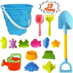 Summer Beach Sand Toy Set for Kids, 15PCS Sand Toys with Beach Bucket, Watering Can, Big Shovel, Rake, Sea Animal Molds Sand Castle Building Kit for Boys, Girls, Toddlers