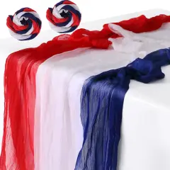 2 PCS 4th of July Cheese Cloth Table Runner- 120 x 38 Inch Rustic Red White and Blue Gauze Table Cloth- Patriotic Memorial Day Cheesecloth Table Runners for Independence Day Dining Table Decor