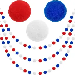 Pom Pom Garland 4th of July Decorations, Patriotic Red White Blue Felt Ball Garland, 3-Pack 6.6ft Long 24 Cute Pompom Balls String, Christmas Tree Decor Ornaments for Home Birthday Holiday Party