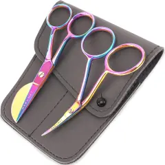 Small Embroidery 4.5 Inch Scissors Set of 2 Kit - Mini Double Bend Offset Duckbill and Double Bend Long Applique Needlepoint Blade with Pouch Sleeve (Rainbow)