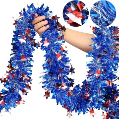 4th of July Garland Decor,33Ft Glitter Tinsel Patriotic Decorations for Tree Car Golf Cart Parade Float Bike Outdoor Holiday Independence Day Memorial Day Veteran's Day USA Summer Red White Blue