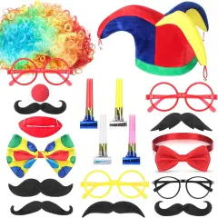 26 Pcs Circus Party Photo Booth Props Decoration Clown Hat Cosplay Costume Set Circus Theme Party Funny Wig Photobooth Accessory for Pretend Play Men Women Cosplay Dress up Decoration