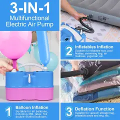 Electric Balloon Pump 3-in-1 Portable Air Balloon Pump for Latex 260Q Long Foil Balloons, 110V Automatic Dual Nozzle Inflator Deflator Inflatables, Pool Floats Raft, Air Mattress (Blue Pink)
