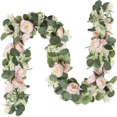 2 Pcs Pink 6.6Ft Artificial Eucalyptus Flower Garland with Fake Rose Flower Vine Seeded Eucalyptus Leaves Greenery Garland for Wedding Table Backdrop Party Centerpiece Room Decor (Pink)