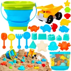 Summer Beach Sand Toys Set - Dump Truck Car Toy with Sand Molds for Toddlers Outdoor Play, Collapsible Foldable Buckets Mesh Bag Shovels Castle Animal Mold Sets, Kids Ages Sandbox Toys (Animals)
