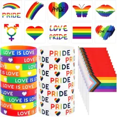 40 Pcs Pride Accessories, lgbtq Accessories Set Include Mini Rainbow Flag Temporary Tattoo Stickers Silicone Bracelets for Pride Gay Lesbian LGBTQ Parade Celebration Daily Wear