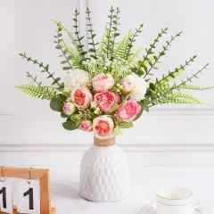 Fake Flowers in Vase, Artificial Peony Flowers in Vase, Fake Silk Flower Bouquet for Home Decor Table Centerpieces, Faux Flower Arrangement for Kitchen Dining Coffee Table Decor