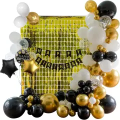 Black and Gold Garland Arch Kit Metallic Confetti Dots Various Sized Balloons Decorative Elements Square Shimmer Wall Transparent Heavy Duty Hooks Black Ribbon Happy Birthday Wedding Graduation