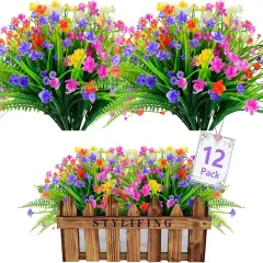 12 Bundles Summer Potted Plants Artificial Flowers for Outdoor UV Resistant Plastic Plants Fake Flowers