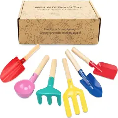 Summer Beach Toys, 6 Pcs Children Beach Sand Toys, 8'' Kids Gardening Set Metal Garden Tools with Sturdy Wooden Handle,Safe Kids Shovel with Cylinder, Spoon, Fork, Rake, Flat Shovel & Pointed Shovel