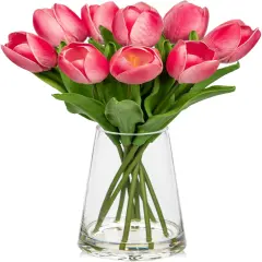 Fake Tulips Artificial Tulip Flowers in Glass Vase with Faux Water, 14.2" Real Touch Pink Tulip Flowers Spring D&eacute;cor for Table Centerpiece Home Farmhouse Resto Wedding Decoration
