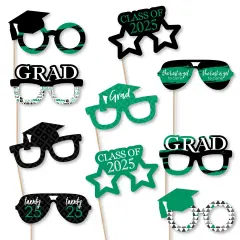 Big Dot of Happiness 2025 Green Graduation Glasses - Paper Card Stock Party Photo Booth Props Kit - 10 Count