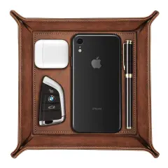 SITHON Valet Tray Desktop Storage Organizer &ndash; Premium PU Leather Catchall Bedside Vanity Tray Nightstand Caddy Holder for Remote Controller, Keys, Phone, Wallet, Coin, Jewelry, Brown