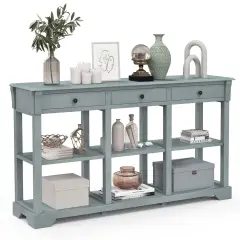 Costway 58'' Long Sofa Table with Storage Retro Console Table with 3 Drawers & Open Shelves Blue/White