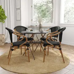 Merrick Lane Mael Set of Four Stacking Thonet Bistro Style Chair with Arms, Textilene Seat, and Bamboo Finished Metal Frame for Indoor/Outdoor Use Black/Natural Frame