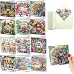 12 PCS Diamond Art Painting Birthday Greeting Cards, Fete Day Craft DIY Card Making Kits for Adults Kids Gifts (Happy Birthday)