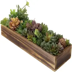 Artificial Succulent Centerpiece, 15.75 Inch Faux Succulents Arrangement Plants in Rustic Burnt Wood Rectangular Planter Box