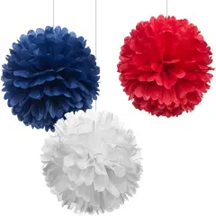 12" Red White Blue Tissue Pom Poms DIY Hanging Paper Flower Balls for Nautical Party Decoration 4th of July Patriotic Decorations, Pack of 12