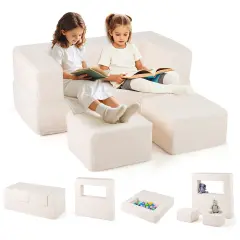 Beige Foam Convertible Kids Sofa Couch with Soft Plush Cover Ideal Gift for Birthday or Christmas