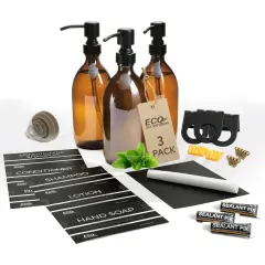 ECO Amenities 3 Pack Amber Glass Soap Dispenser Pump, 16.9 fl oz. (500mL), Modern Vintage Bottles for Bathroom & Kitchen, Ideally Used at Home, Hotel, Gym, Motel, Short Term AirBnb Rental, and VRBO