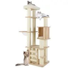 71 Inch Tall Wooden Cat Tree Tower with Soft Padded Plush Cushions Ideal for Indoor Cats