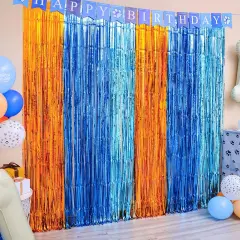 Blue Dog Party Decorations - 2 Packs of 3.3x6.6 ft Orange and Light Blue Foil Fringe Curtains for Birthday Party Supplies, Blue Foil Tinsel Photo Booth Prop Backdrop