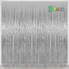 Silver Tinsel Foil Fringe Curtains Backdrop, Melsan 3.2 x 8 ft Foil Curtain Birthday Party Decorations for Disco, New Year Eve Party Backdrop - 3 Packs