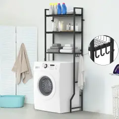 3-Tier Over-The-Toilet Storage Organizer | 30lb/Shelf Heavy-Duty Wooden Bathroom Rack with Anti-Tip Kit & 4 Hooks | 63.6" Freestanding Space-Saver for Laundry Room, Restroom (Black)