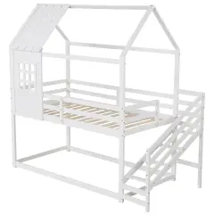 White Pine Wood Low Loft Twin House Bed with Guardrails, Ladder