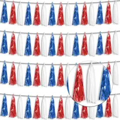 4P White Blue Red Foil Fringe Tassel Garland Metallic Tinsel Streamer Banner Wall Curtain Backdrop for Parade Floats, Graduation, Independence Day, 4th of july